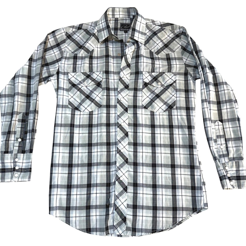 Roper Mens Grey Black Plaid Metallic Western Snap Shirt Long Sleeve Small